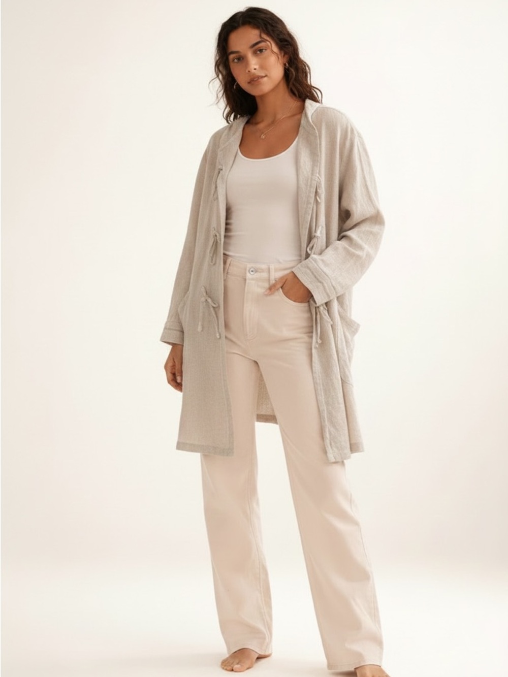 Oversized Linen Duster Cardigan Coat XL Boho Layering Jacket Natural Oatmeal - Picture 2 of 11